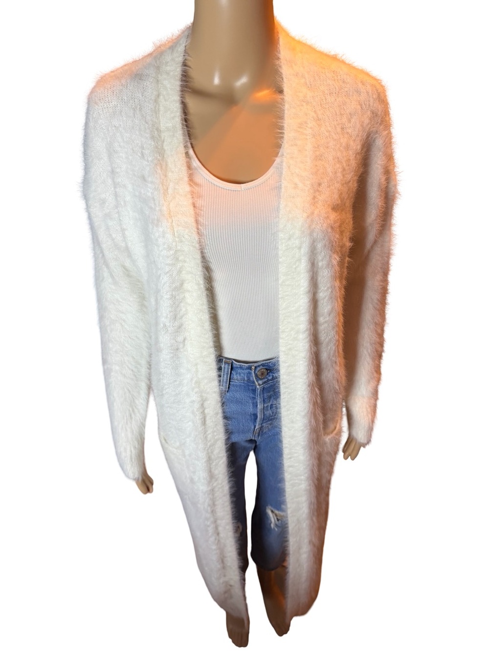Jessica Simpson Ivory Open-Front Fuzzy Long Cardigan